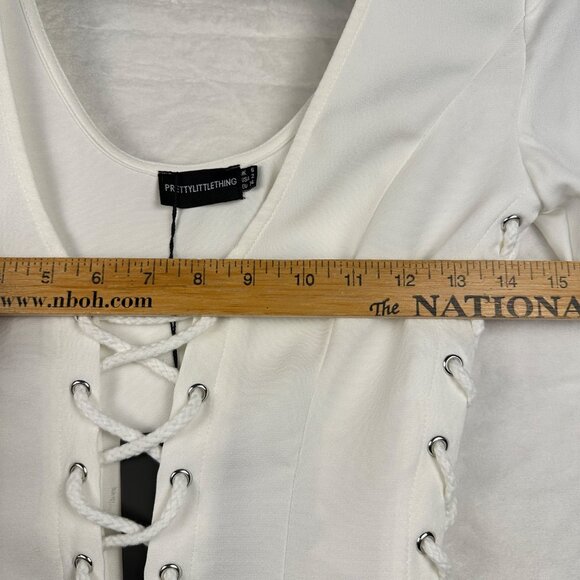 PLT WOMENS TOP SIZE 2 CREAM WOVEN LACE UP PLUNGE DETAIL LONG SLEEVE SEXY TOP NWT - Picture 7 of 12